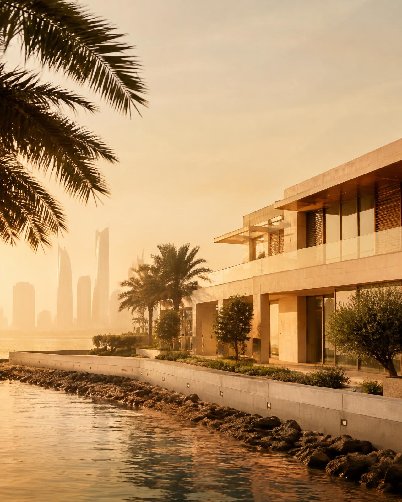 Waterfront villa in Abu Dhabi at golden hour